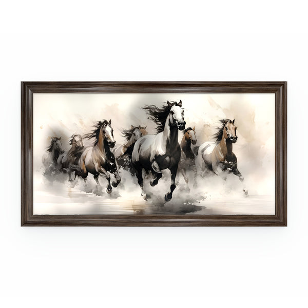 Tranh Bát Mã Đạp Thuỷ – tranh canvas mực loang tám ngựa đạp nước, khung gỗ óc chó bản 6cm, nền trắng