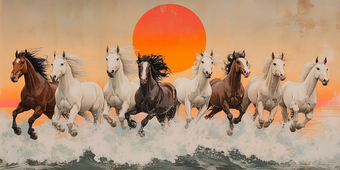 Ý nghĩa Mã Đáo Thành Công — đàn ngựa phi nước đại dưới vầng dương đỏ, tranh canvas Nghê Hoạ