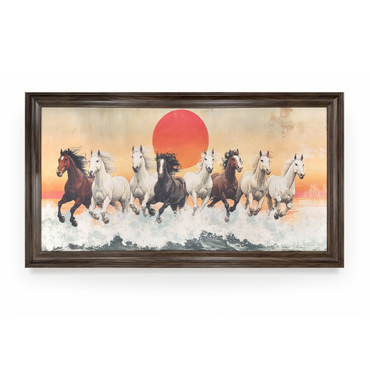 Ảnh tranh Mã Đáo Thành Công 8 con ngựa — tám ngựa phi qua sóng, canvas khung vân gỗ óc chó, Nghê Hoạ