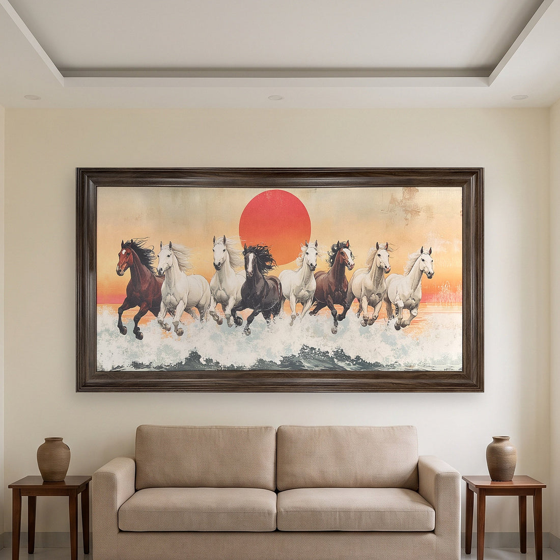 Treo tranh Mã Đáo Thành Công phòng khách — cỡ lớn trên tường sau sofa nhà ống