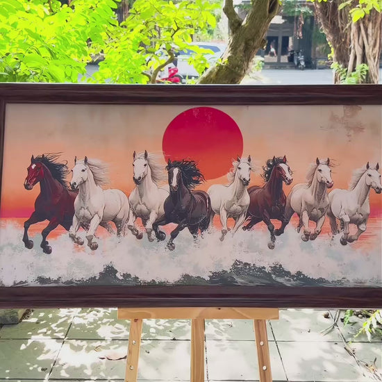 Video bức Bát Mã Vượt Sóng: tám ngựa phi qua sóng bạc, canvas khung vân gỗ óc chó bản lõm