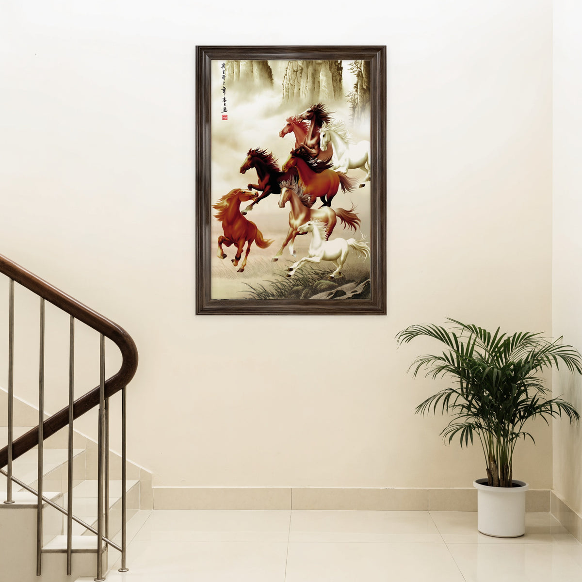 Tranh Bát Mã Đăng Vân treo chiếu nghỉ cầu thang nhà ống
