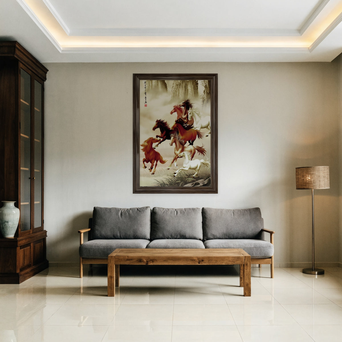 Tranh Bát Mã Đăng Vân treo phòng khách – khổ dọc trên tường sau sofa