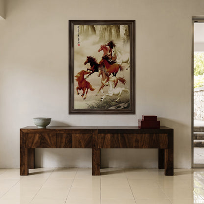 Tranh Bát Mã Đăng Vân treo sảnh vào, trên bàn console gỗ