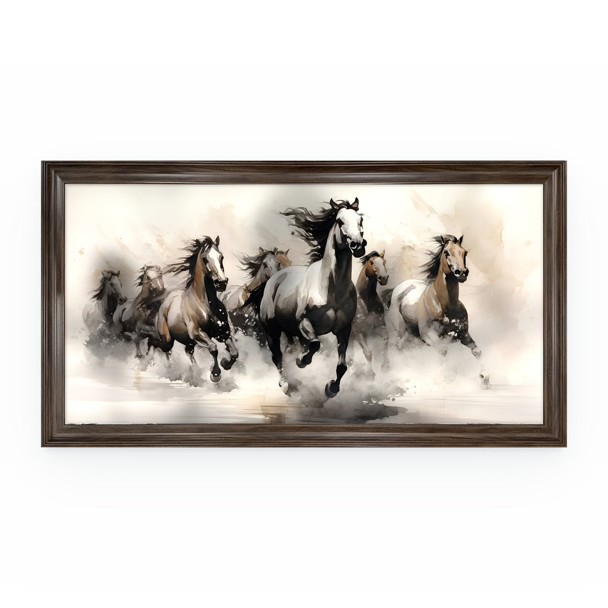 Tranh Bát Mã Đạp Thuỷ – tranh canvas mực loang tám ngựa đạp nước, khung gỗ óc chó bản 6cm, nền trắng
