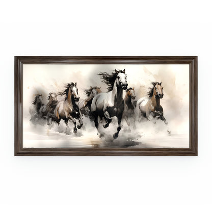 Tranh Bát Mã Đạp Thuỷ – tranh canvas mực loang tám ngựa đạp nước, khung gỗ óc chó bản 6cm, nền trắng
