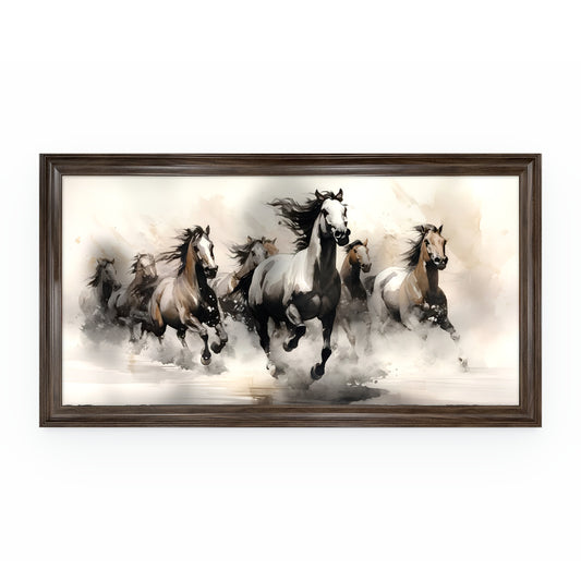 Tranh Bát Mã Đạp Thuỷ – tranh canvas mực loang tám ngựa đạp nước, khung gỗ óc chó bản 6cm, nền trắng