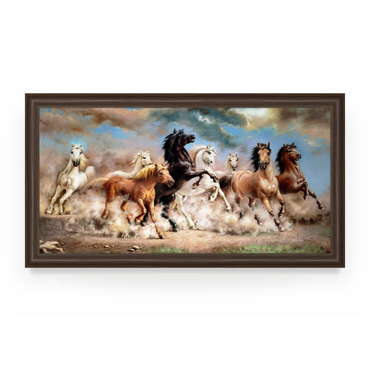 Tranh Bát Mã Hồi Cố Hương – tám ngựa sải vó về giữa đồng bụi, canvas 120x60 khung gỗ 6cm vân óc chó, Nghê Hoạ