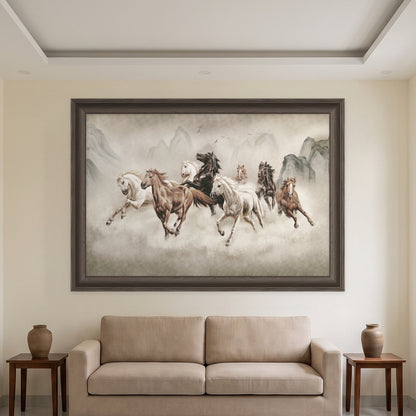 Tranh Bát Mã Khải Hoàn treo phòng khách nhà ống – cỡ lớn trên tường sau sofa