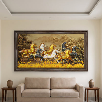Tranh Bát Mã Tụ Bảo treo phòng khách nhà ống – cỡ lớn trên tường sau sofa