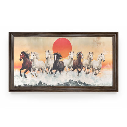 Tranh Bát Mã Vượt Sóng – tám ngựa phi qua sóng, vầng dương sau lưng; canvas khung gỗ bản lõm vân óc chó, Nghê Hoạ