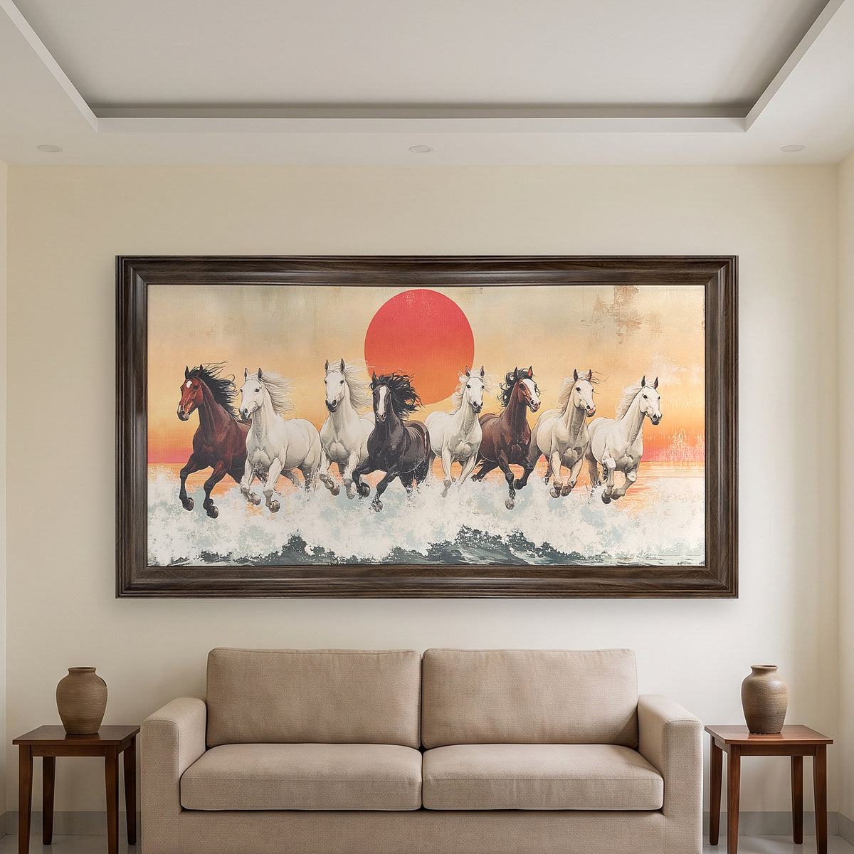 Tranh Bát Mã Vượt Sóng treo phòng khách nhà ống – cỡ lớn trên tường sau sofa