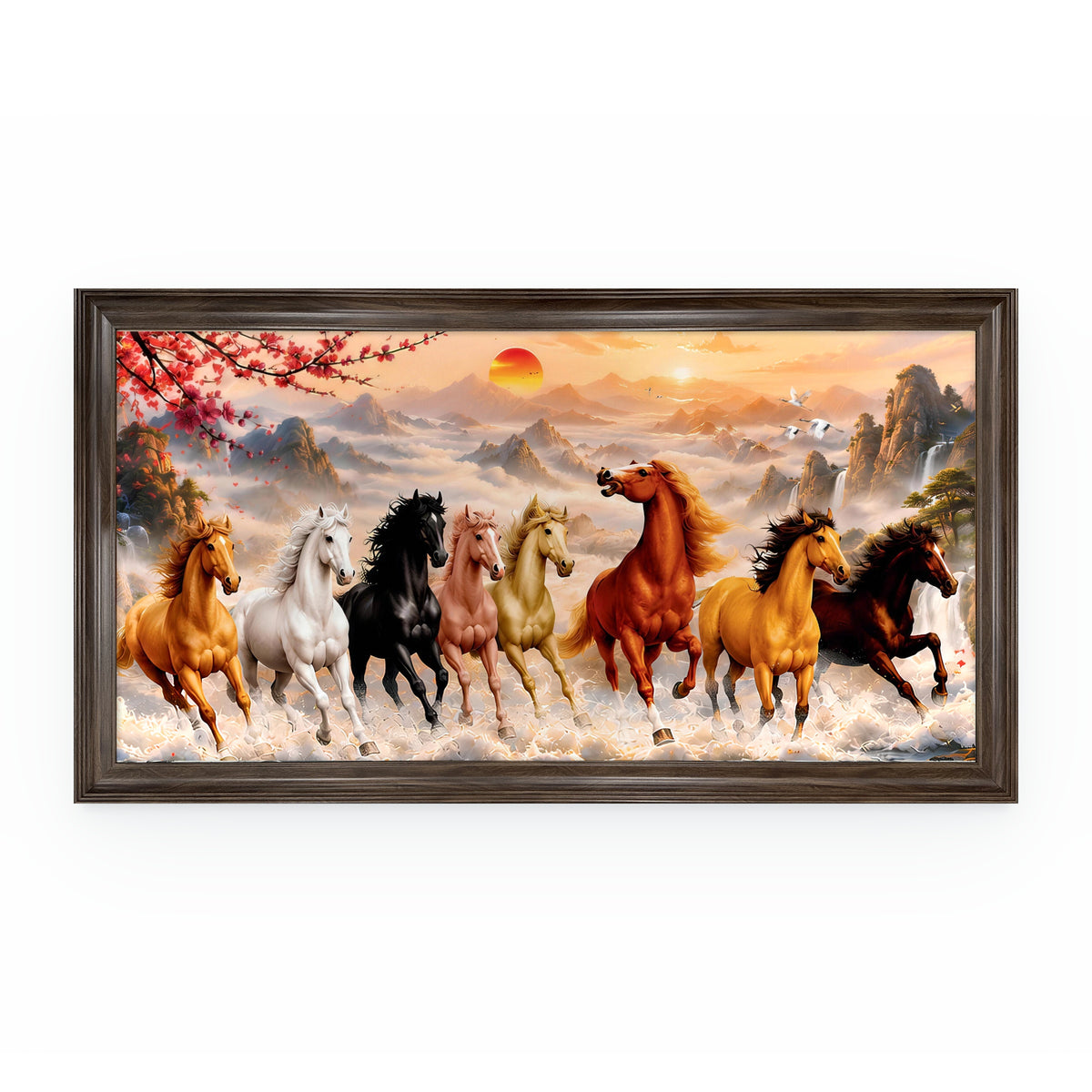 Tranh Mã Đáo Trường Xuân – tám tuấn mã đạp sóng, hoa đào, đôi hạc, vầng dương đỏ; canvas khung gỗ óc chó bản lõm 6cm, nền trắng